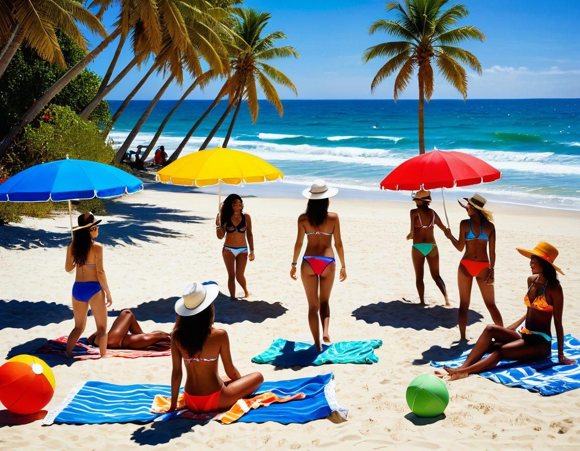 A vibrant beach scene featuring diverse models showcasing the latest bikini trends, with colorful umbrellas and palm trees in the background. Include elements like beach balls and sun hats to enhance the summer vibe, capturing different beach occasions such as lounging, swimming, and beach volleyball. Bright sunlight casts playful shadows on the sand, inviting viewers into the summer spirit. super-realistic. vibrant colors. energetic atmosphere.
