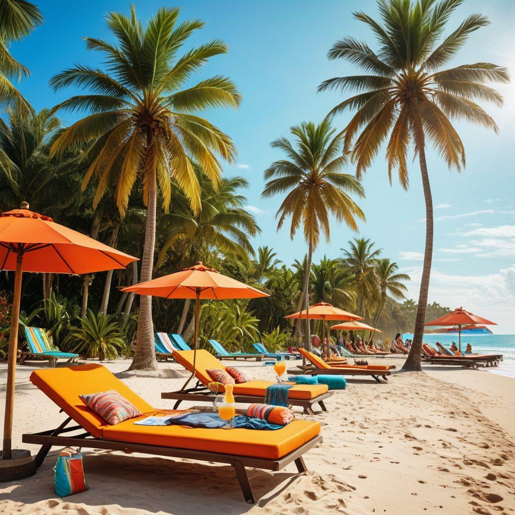 A vibrant beach scene showcasing a stylish pool party, complete with colorful beachwear outfits, sun loungers, and tropical drinks. Include a sunny shoreline in the background with palm trees and waves gently crashing. Emphasize a mix of cheerful people enjoying the sun and water, radiating a chic summer vibe. Use bold, bright colors to evoke a sense of fun and relaxation. super-realistic. vibrant colors. beach aesthetic.