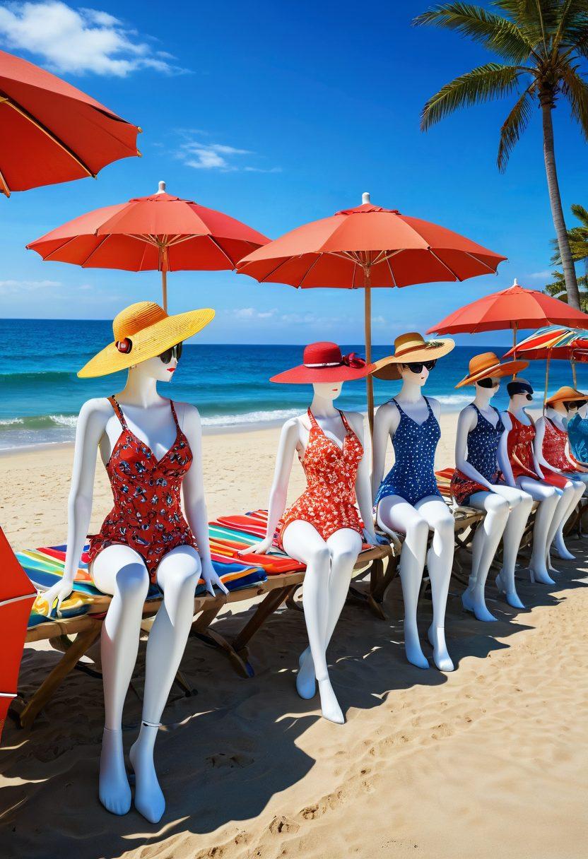 A vibrant summer beach scene showcasing a variety of trendy swimsuits displayed on stylish mannequins under colorful beach umbrellas. Include accessories like funky sunglasses, wide-brimmed hats, and chic beach bags scattered around. Depict a sunny blue sky and shimmering waves in the background, inviting a fun and relaxed vibe. rich colors. summer aesthetic. realistic details.